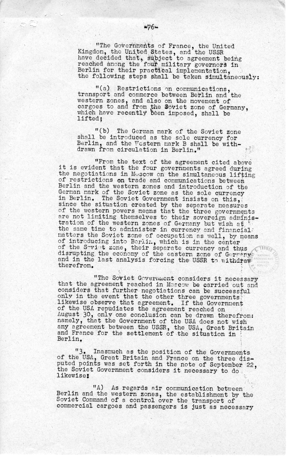 Press Release, The Berlin Crisis: A Report on the Moscow Discussions, 1948