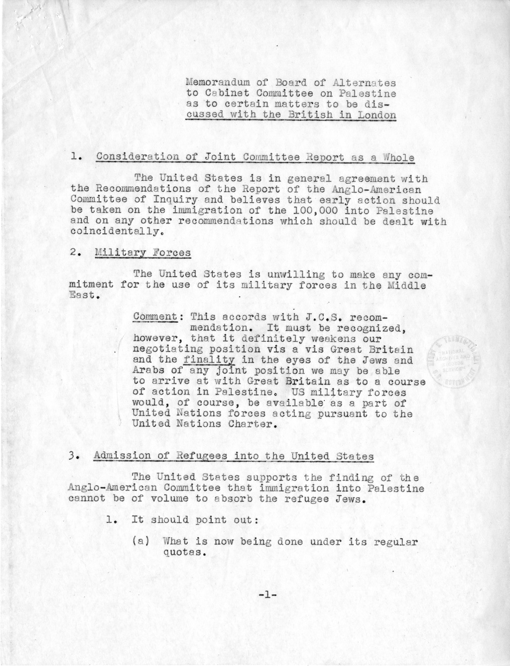 Memorandum of Instructions to the Committee Discussing Palestine - London Conference