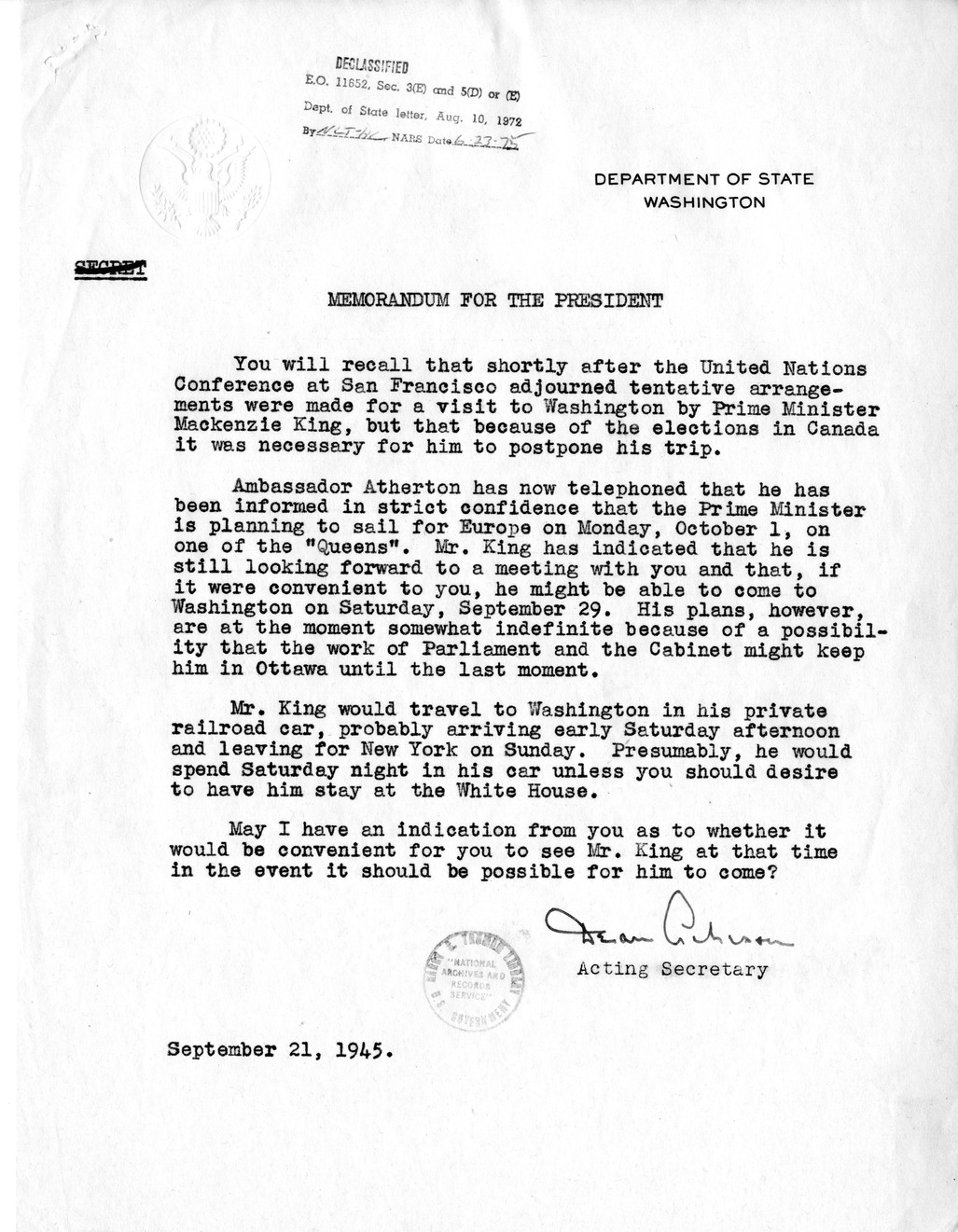 Correspondence Between Acting Secretary of State Dean Acheson and President Harry S. Truman