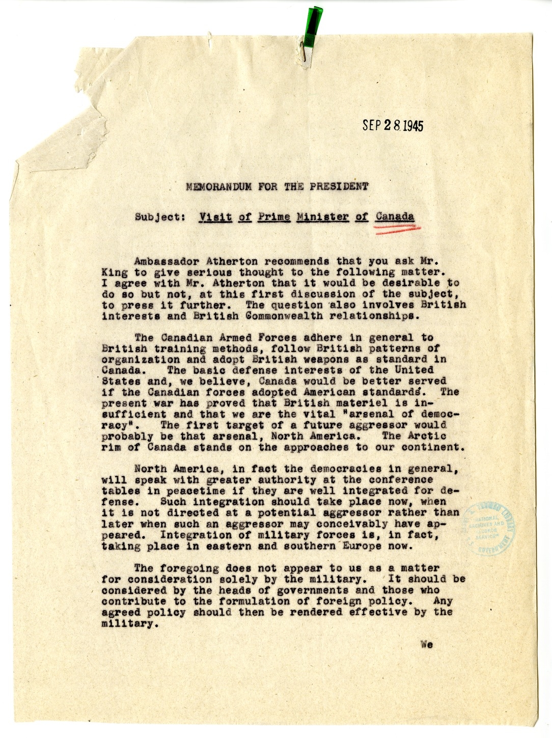Memorandum from Dean Acheson to President Harry S. Truman, with Attached Memorandum