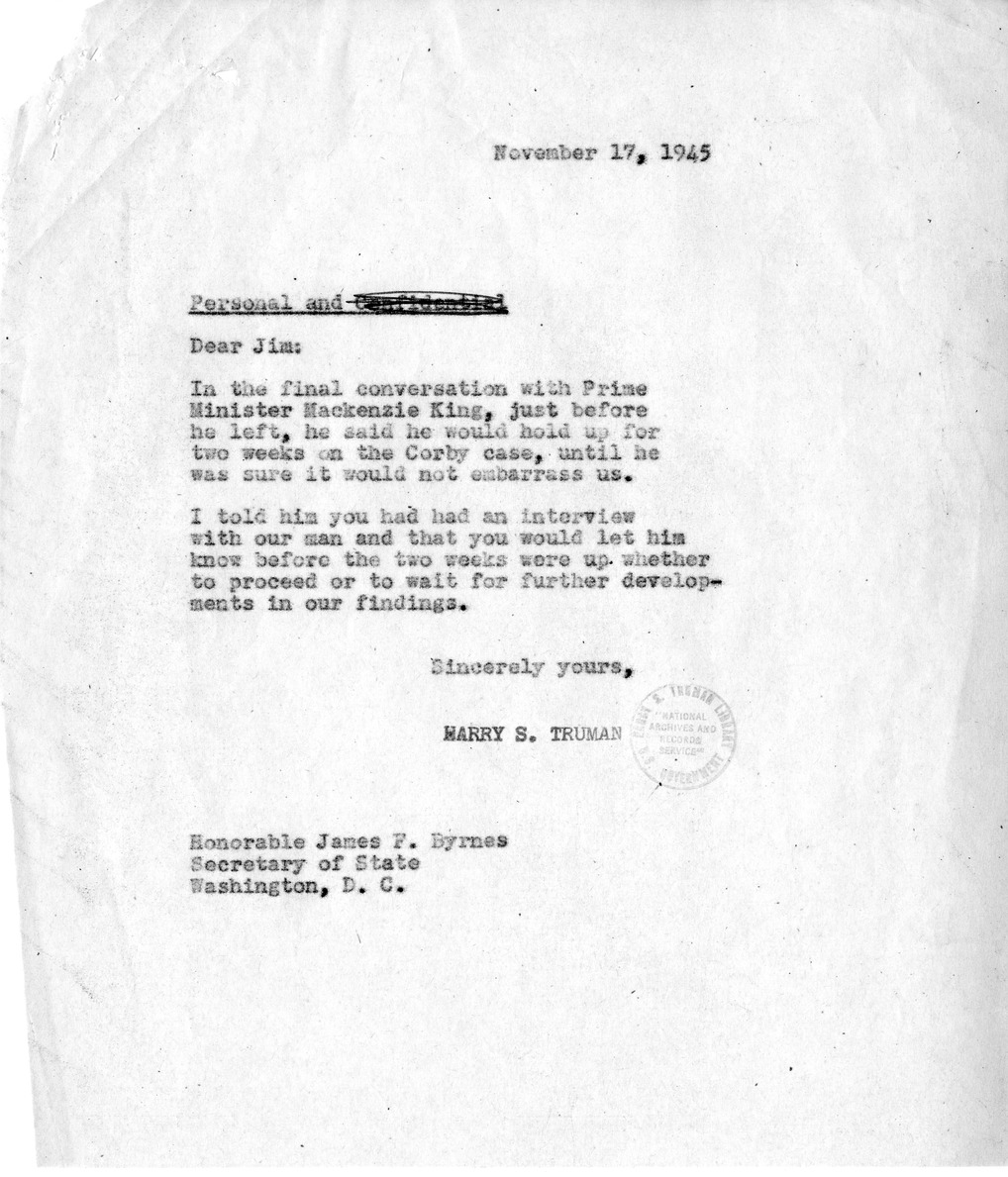 Letter from President Harry S. Truman to Secretary of State James Byrnes with Related Material