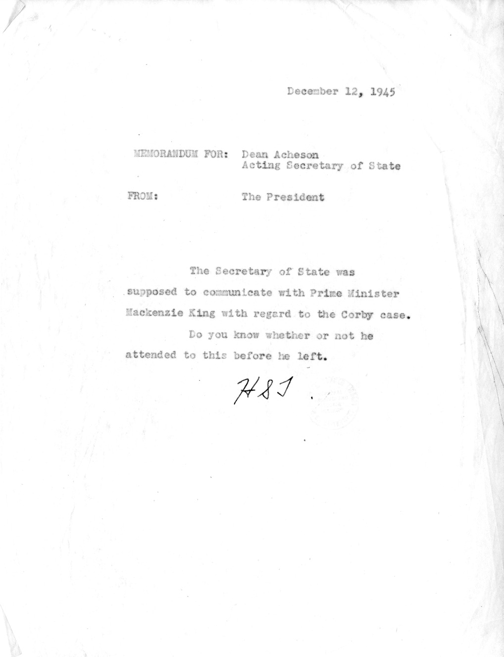 Letter from President Harry S. Truman to Secretary of State James Byrnes with Related Material