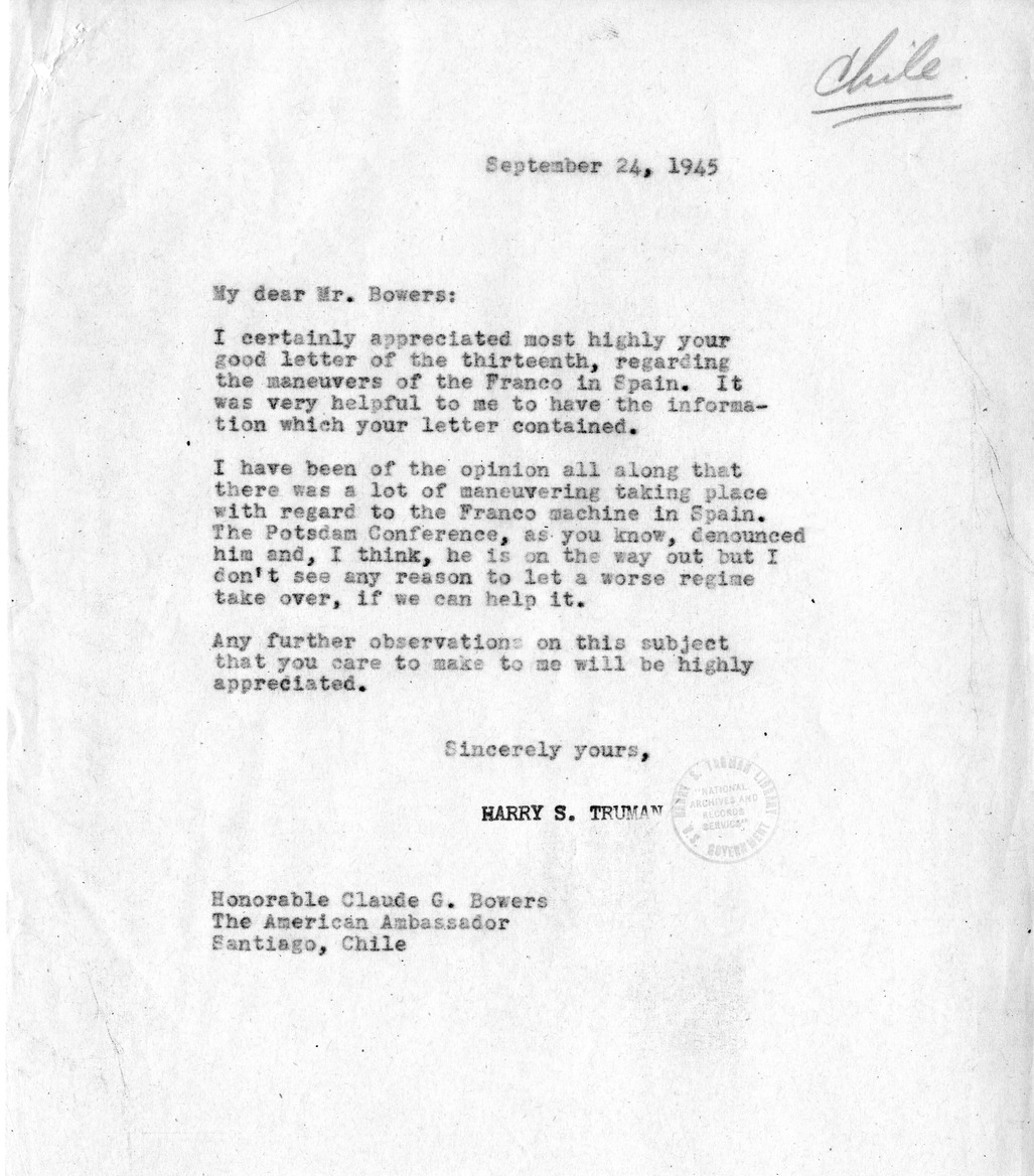Correspondence Between Ambassador Claude Bowers and President Harry S. Truman