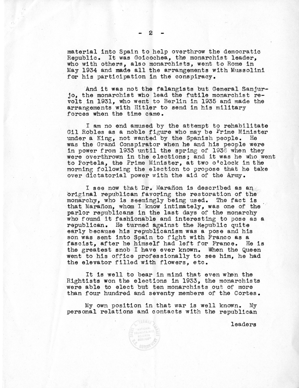 Correspondence Between Ambassador Claude Bowers and President Harry S. Truman