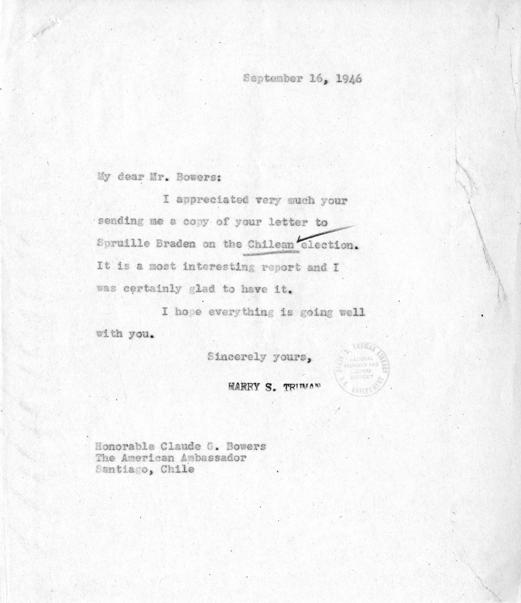 Correspondence Between President Harry S. Truman and Ambassador Claude Bowers, with Attachment