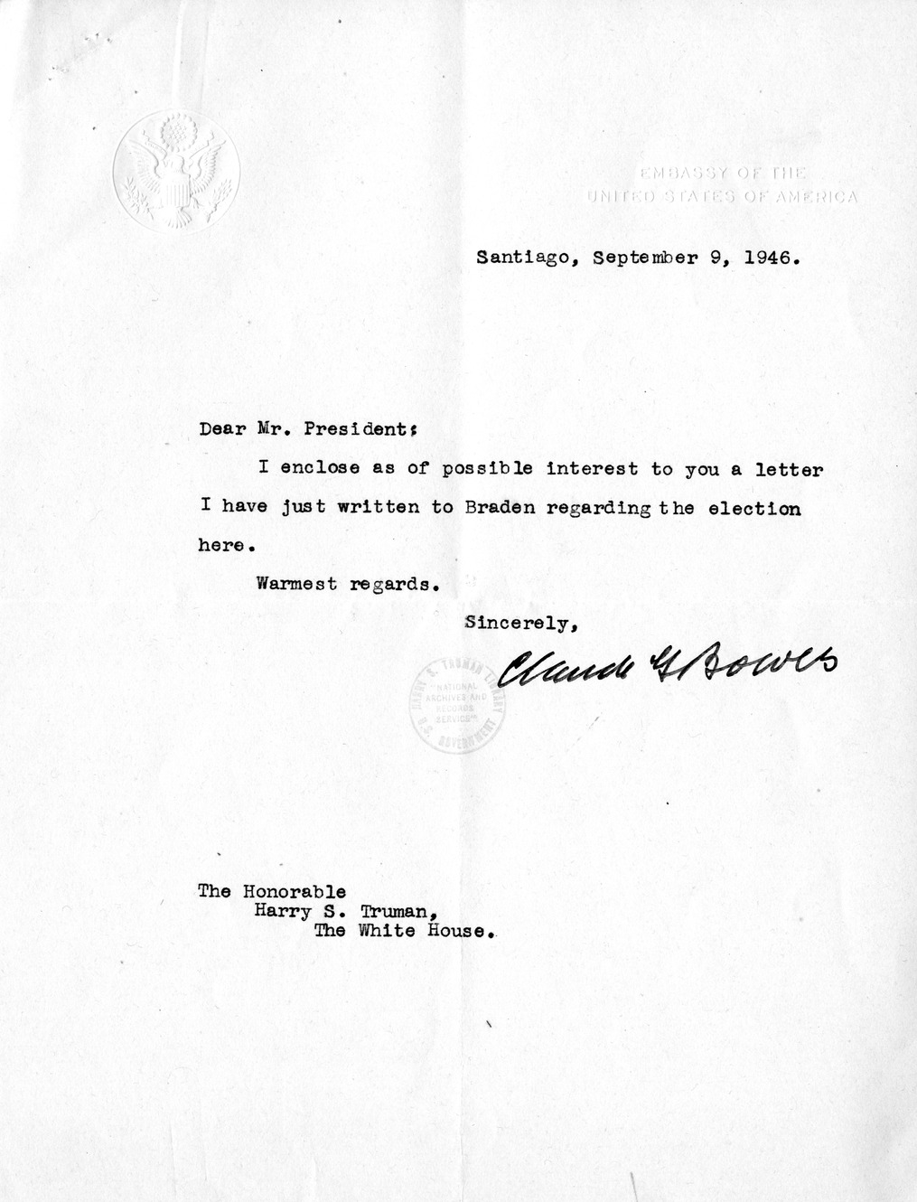 Correspondence Between President Harry S. Truman and Ambassador Claude Bowers, with Attachment