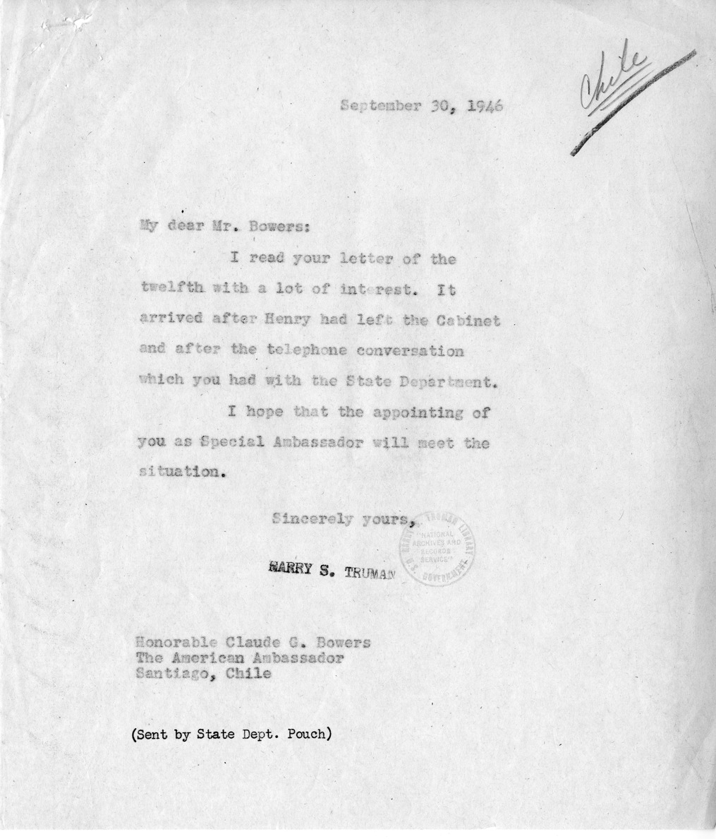 Correspondence Between President Harry S. Truman and Ambassador Claude Bowers