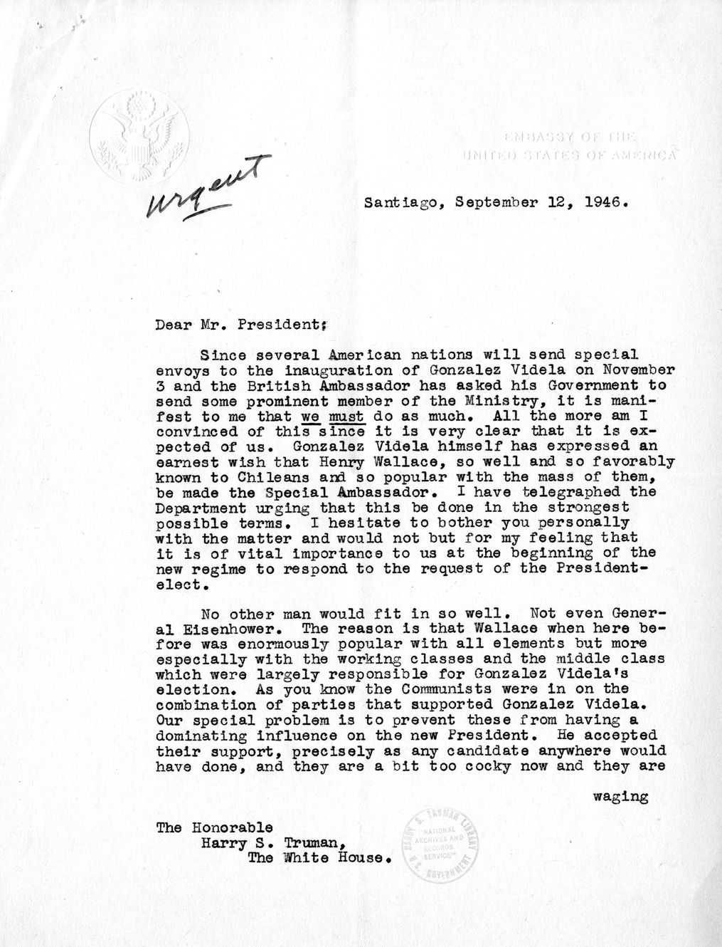 Correspondence Between President Harry S. Truman and Ambassador Claude Bowers