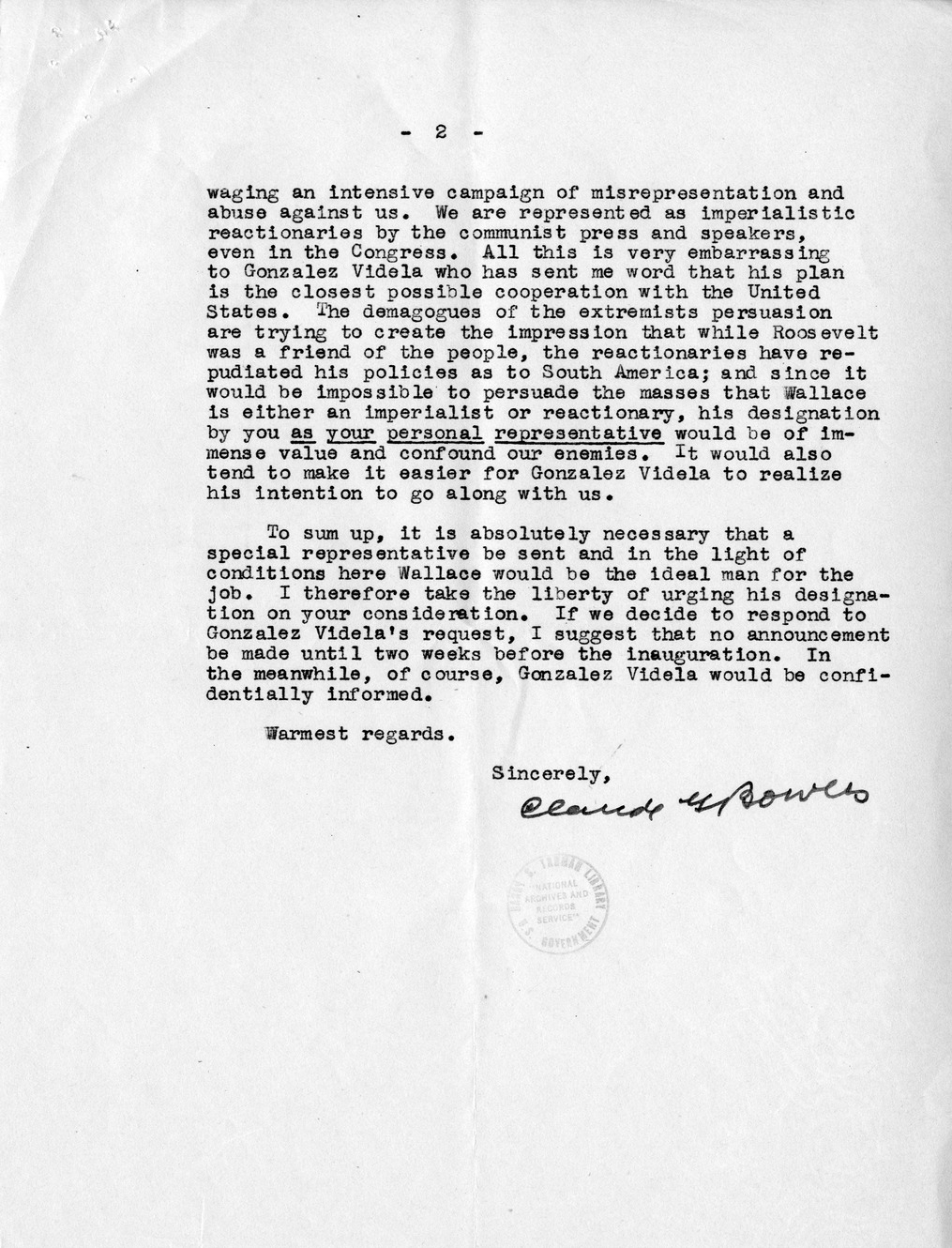 Correspondence Between President Harry S. Truman and Ambassador Claude Bowers