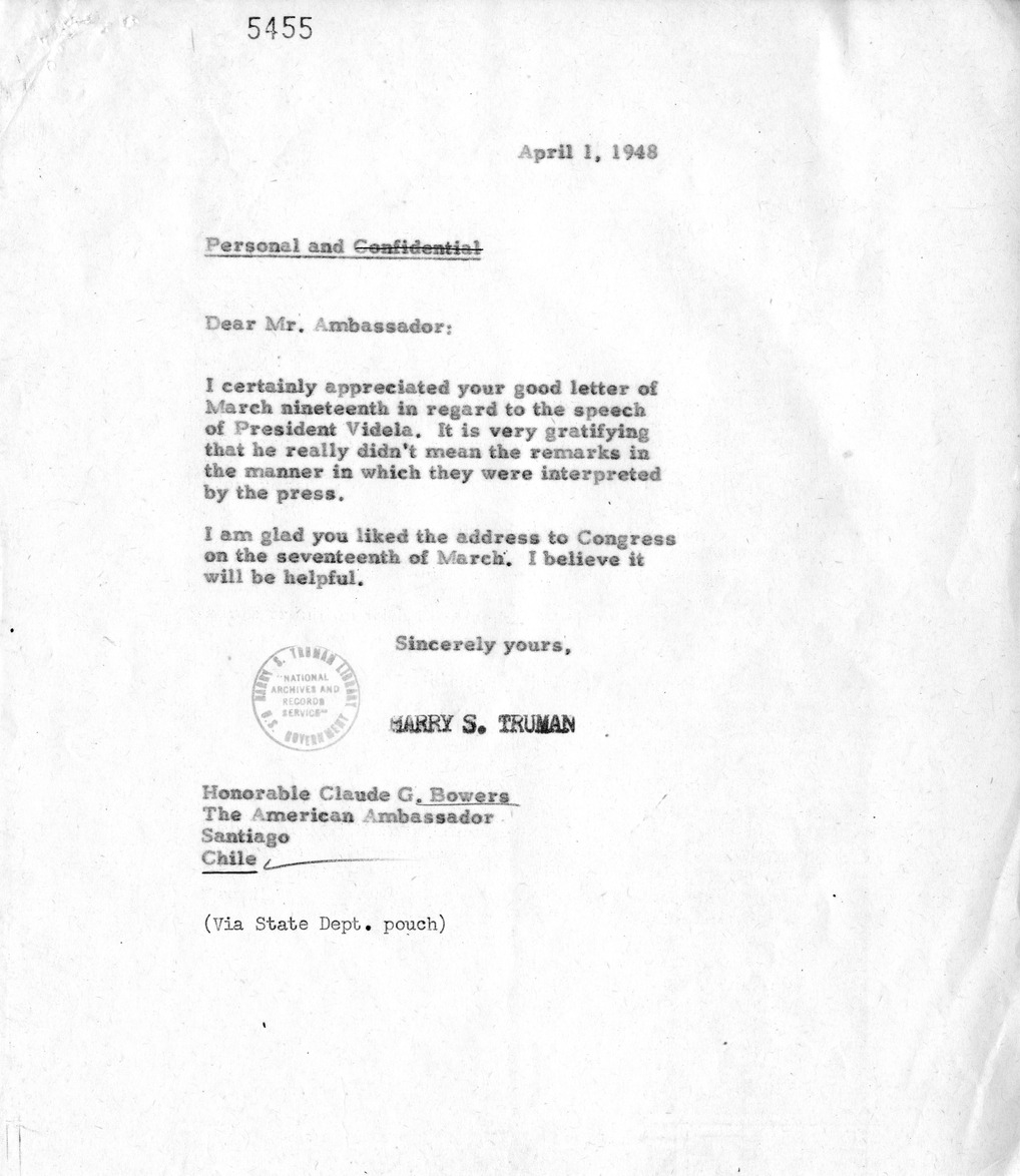 Correspondence Between Ambassador Claude Bowers and President Harry S. Truman