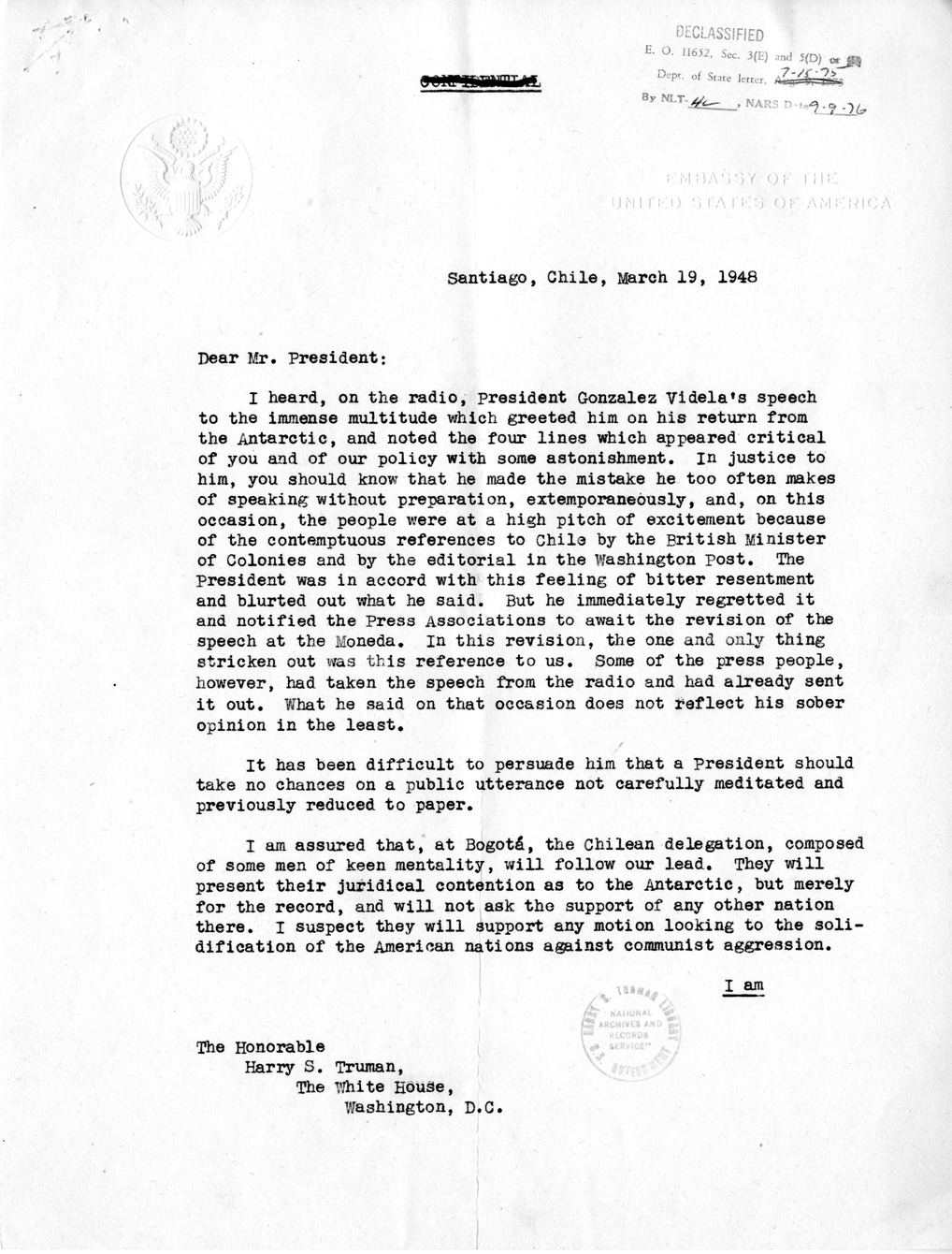 Correspondence Between Ambassador Claude Bowers and President Harry S. Truman