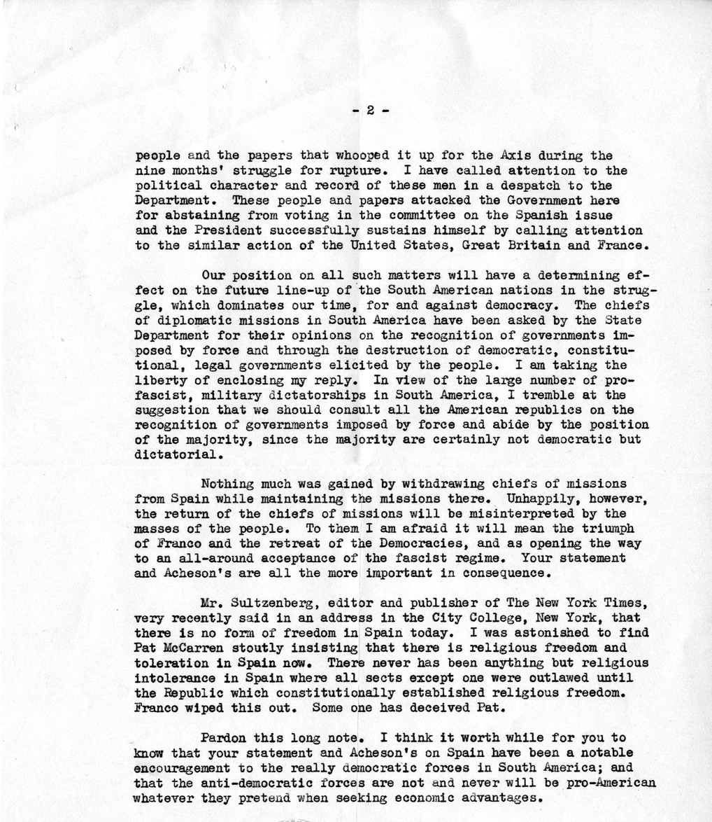 Correspondence Between Ambassador Claude Bowers and President Harry S. Truman, with Attachment