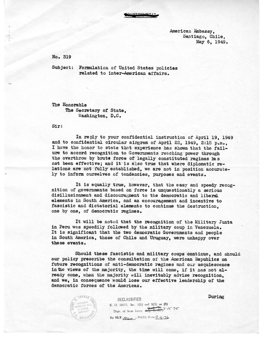 Correspondence Between Ambassador Claude Bowers and President Harry S. Truman, with Attachment