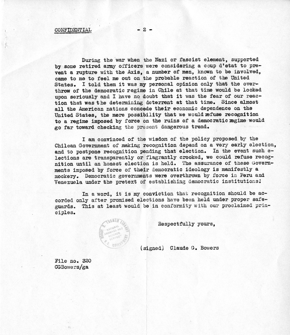 Correspondence Between Ambassador Claude Bowers and President Harry S. Truman, with Attachment