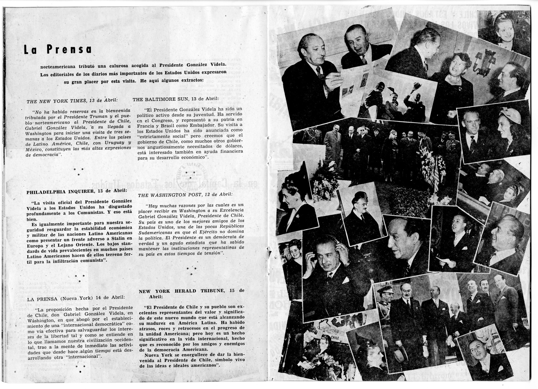 Pamphlet of the Visit to the United States of President Gabriel Gonzalez Videla of Chile