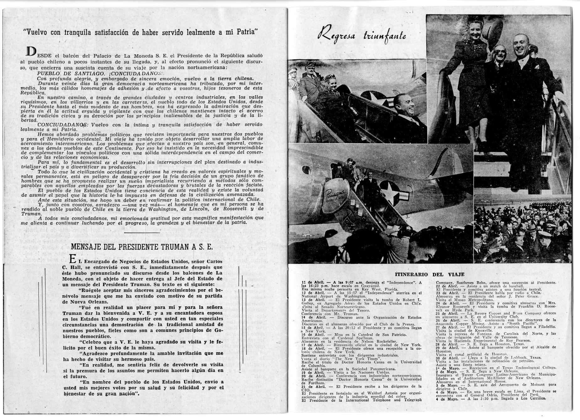 Pamphlet of the Visit to the United States of President Gabriel Gonzalez Videla of Chile