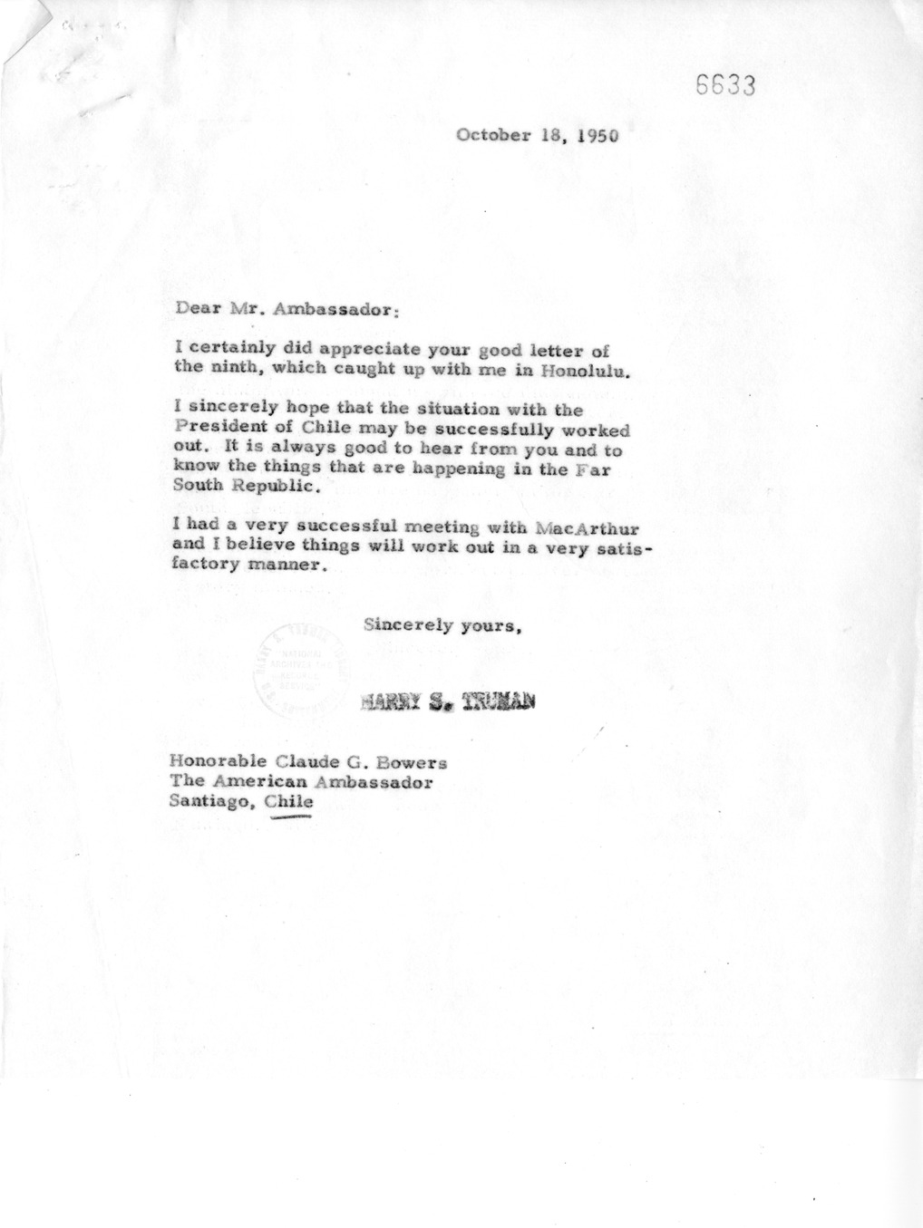 Correspondence Between President Harry S. Truman and Ambassador Claude Bowers