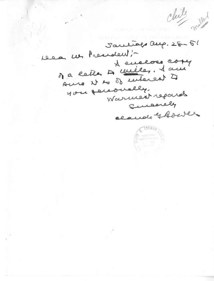 Note from Ambassador Claude Bowers to President Harry S. Truman, with Attachment