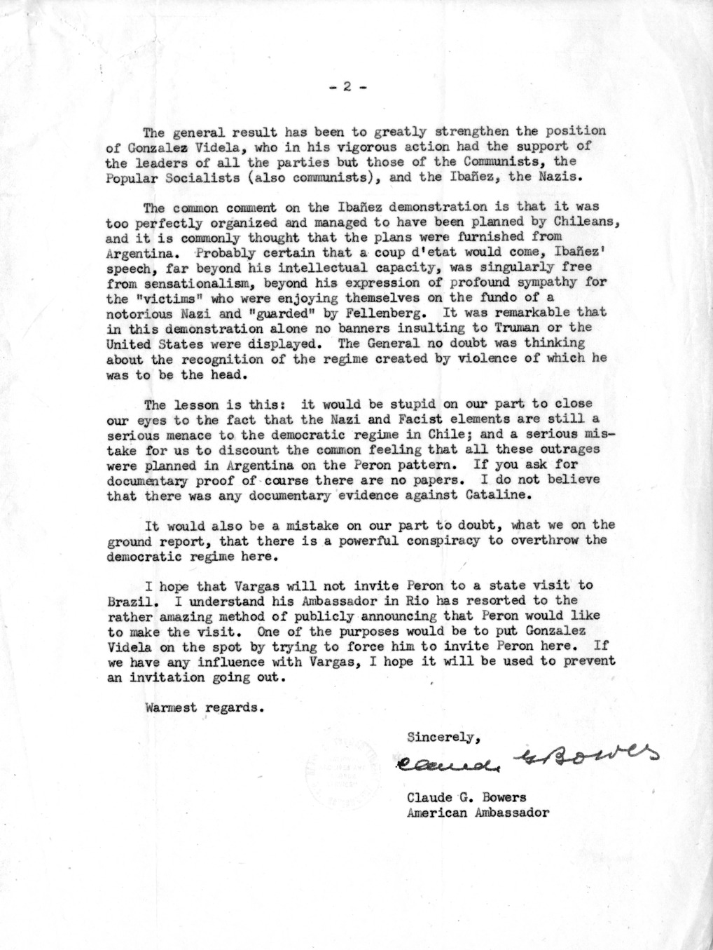 Note from Ambassador Claude Bowers to President Harry S. Truman, with Attachment