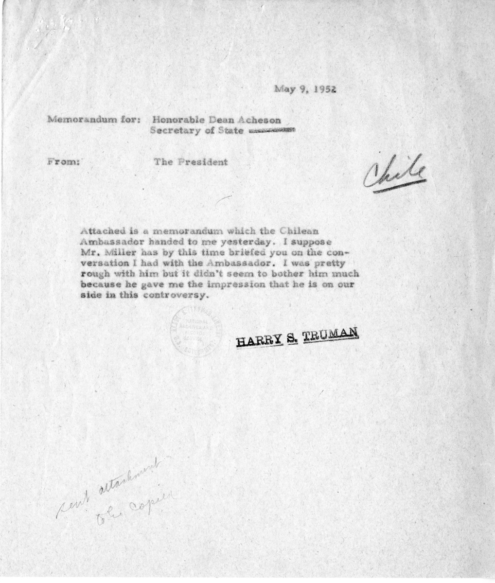 Memorandum from President Harry S. Truman to Dean Acheson, with Attachment