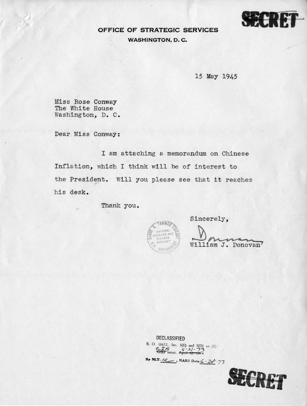 Memorandum from William J. Donovan to President Harry S. Truman, with Attachment
