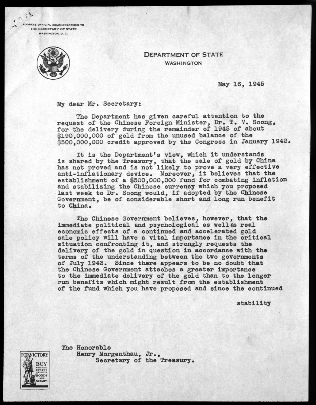 Memorandum from Secretary of the Treasury Henry Morgenthau to President Harry S. Truman, with Attachments