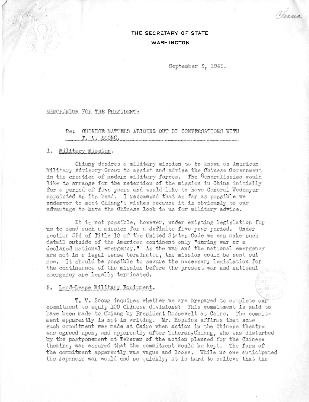 Memoranda from Secretary of State James F. Byrnes and George Elsey to President Harry S. Truman