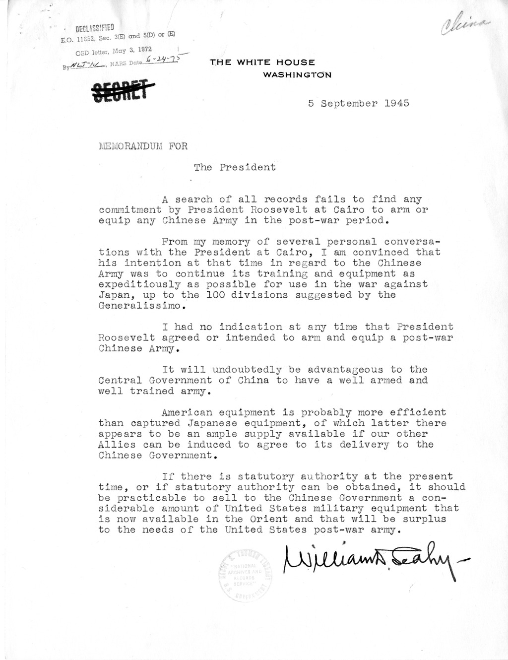 Memorandum from Lieutenant General J. E. Hull to President Harry S. Truman, with Related Material