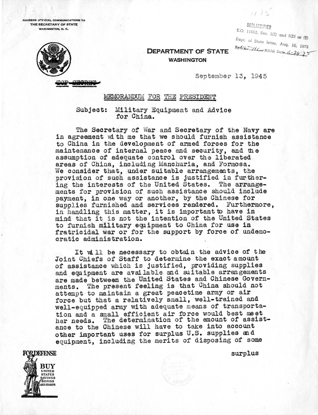 Memorandum from Acting Secretary of State Dean Acheson to President Harry S. Truman, with Related Material