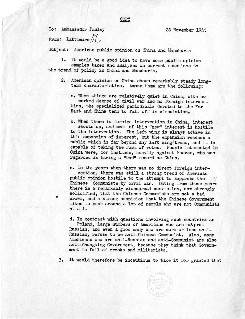 Memorandum from Edwin W. Pauley to President Harry S. Truman, with Attached Memorandum from Owen Lattimore