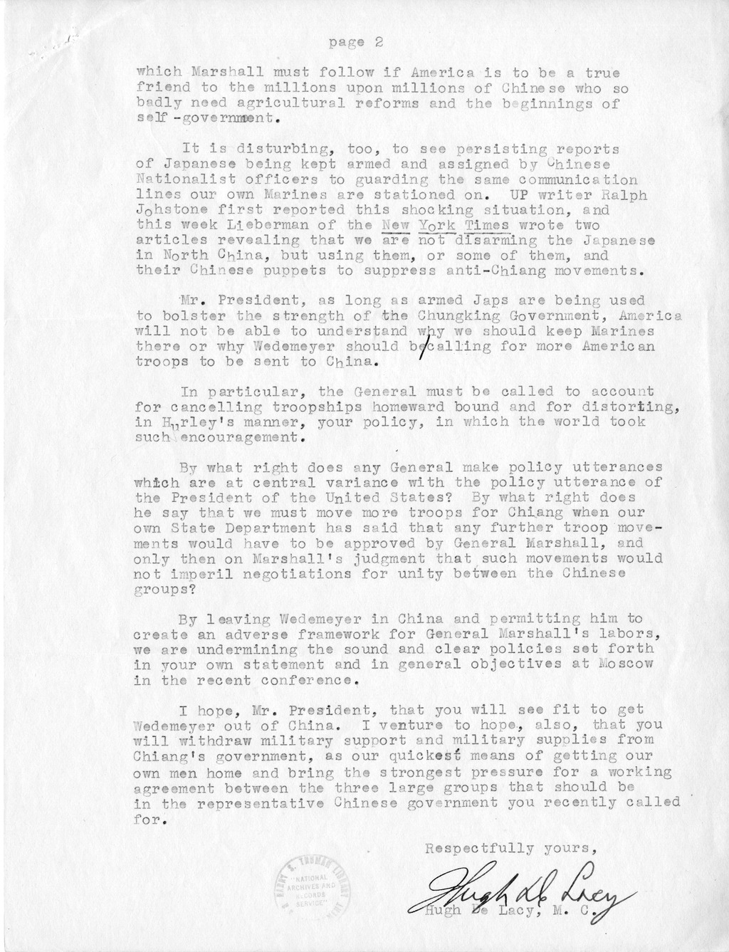 Correspondence from Representative Hugh DeLacy to President Harry S. Truman