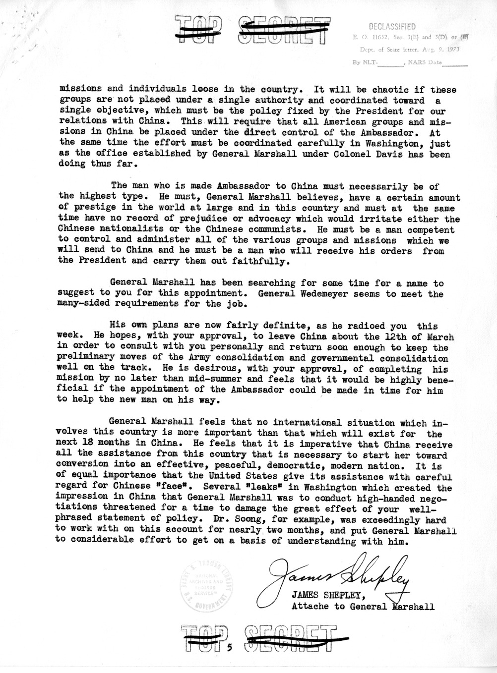 Memorandum from Secretary of State James Byrnes to Matthew Connelly, with Attached Memorandum from James Shepley to President Harry S. Truman