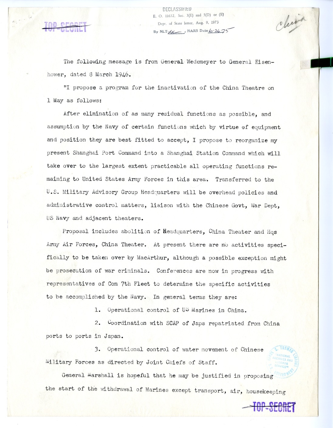 Memorandum from General Alfred Wedemeyer to General Dwight Eisenhower