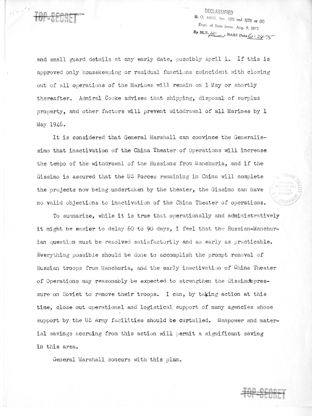 Memorandum from General Alfred Wedemeyer to General Dwight Eisenhower