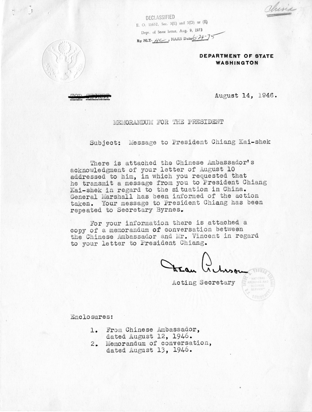 Memorandum from Dean Acheson to President Harry S. Truman With Attached Memorandum of Conversation and Memorandum from V. K. Wellington Koo