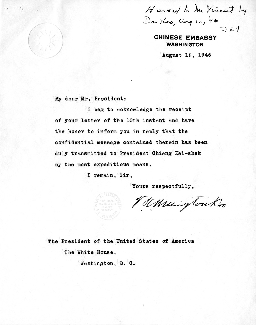 Memorandum from Dean Acheson to President Harry S. Truman With Attached Memorandum of Conversation and Memorandum from V. K. Wellington Koo