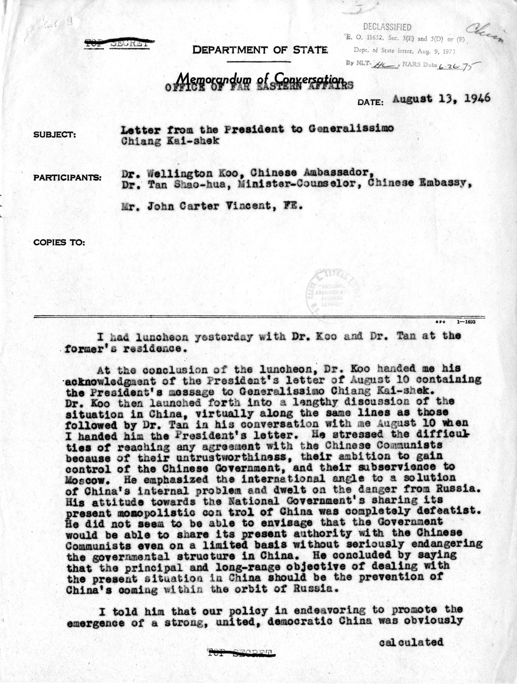 Memorandum from Dean Acheson to President Harry S. Truman With Attached Memorandum of Conversation and Memorandum from V. K. Wellington Koo