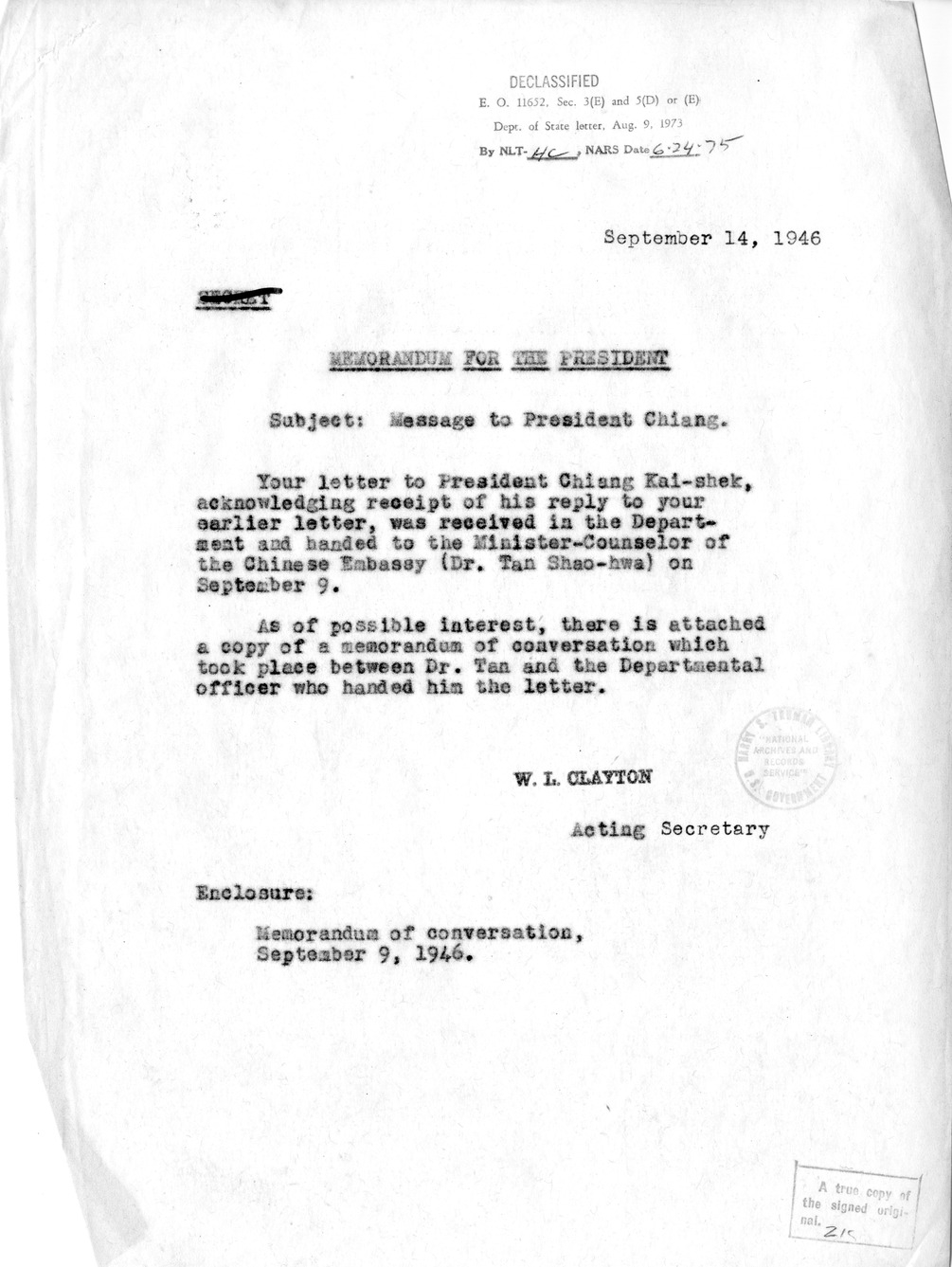 Memorandum from Will Clayton to President Harry S. Truman, with Attached Memorandum of Conversation Between Dr. Tan Shao-hwa and John Carter Vincent