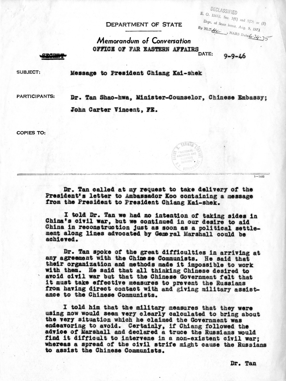 Memorandum from Will Clayton to President Harry S. Truman, with Attached Memorandum of Conversation Between Dr. Tan Shao-hwa and John Carter Vincent