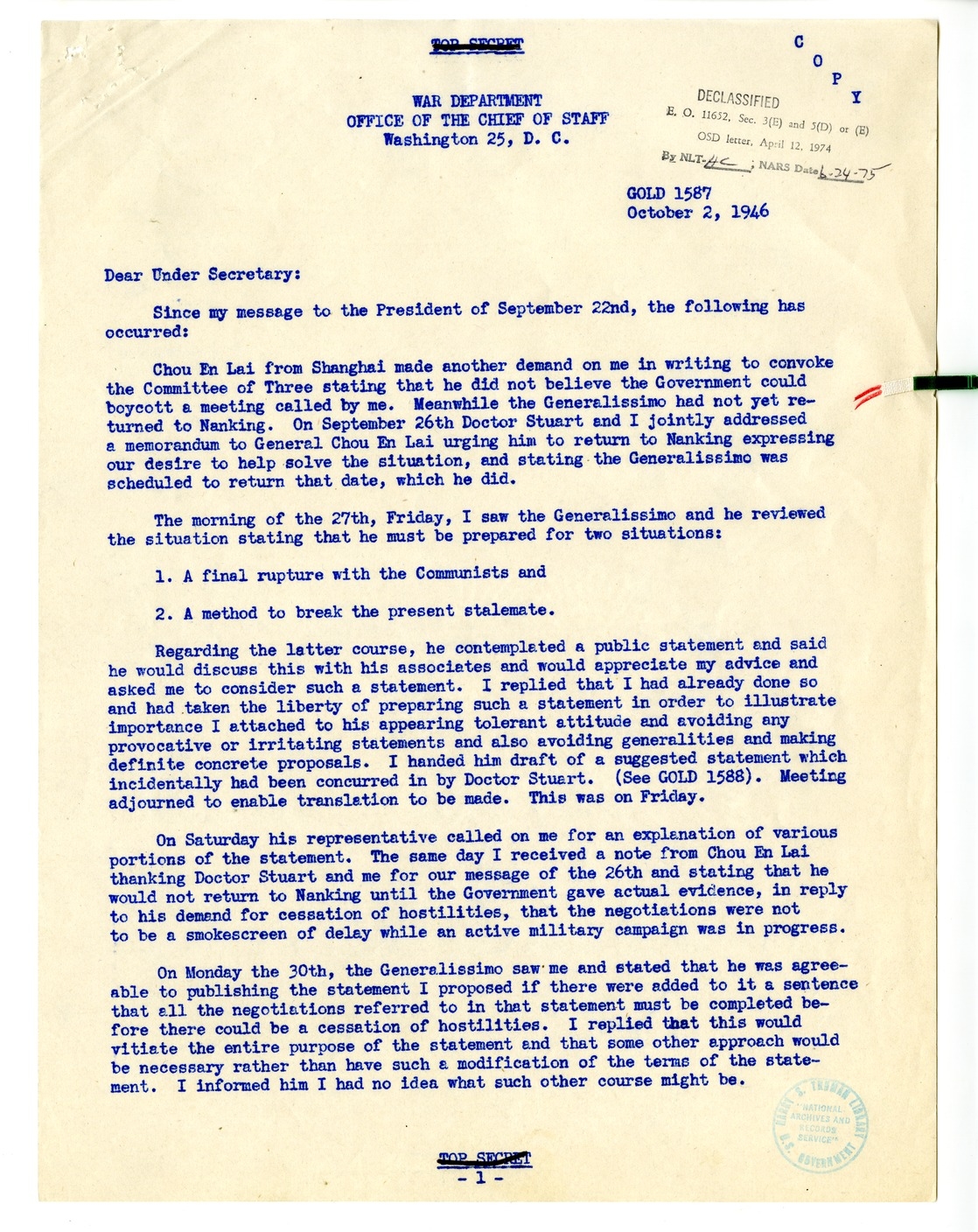 Memorandum from President Harry S. Truman to the Acting Secretary of State, with Attachments