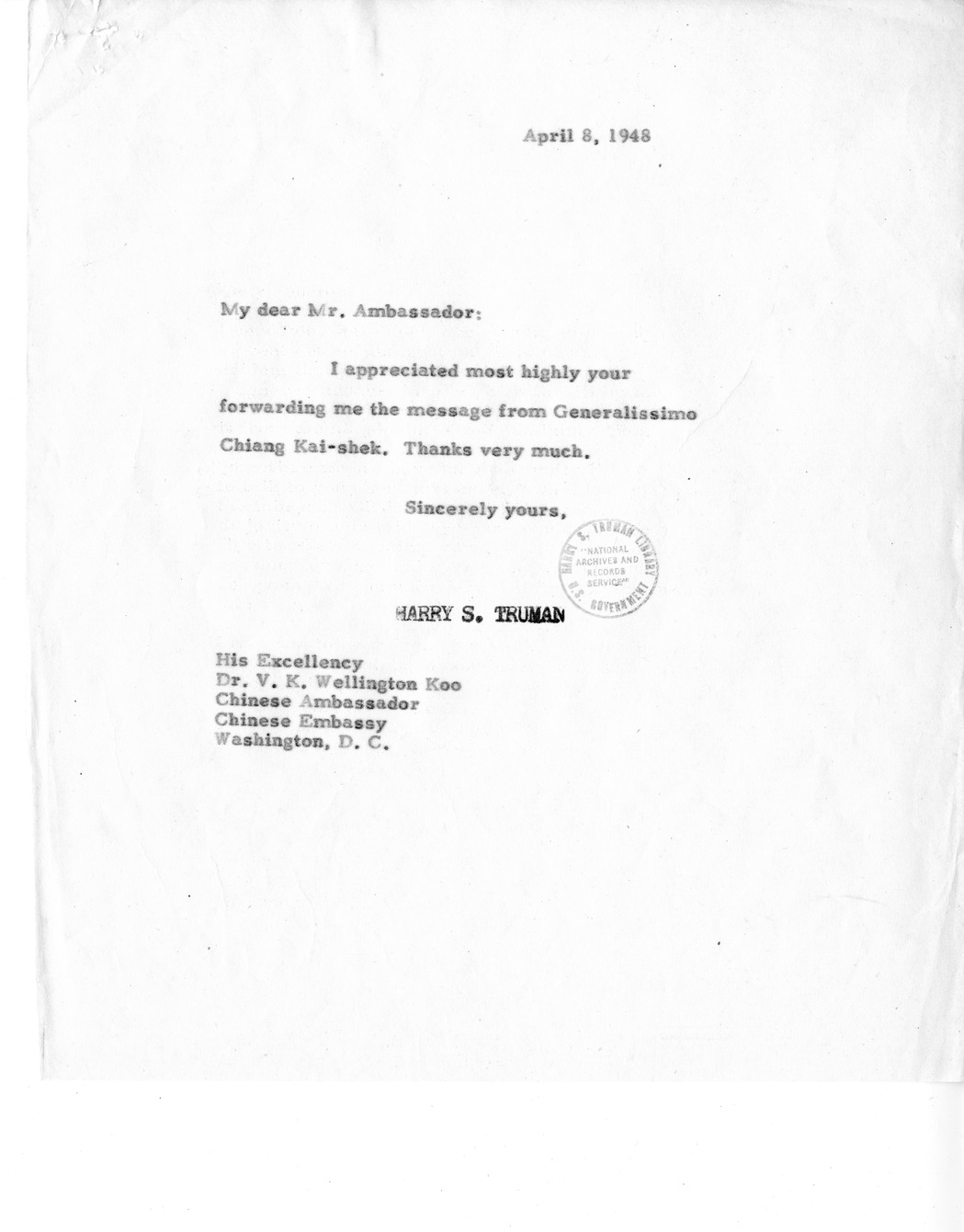 Correspondence Between President Harry S. Truman and Ambassador V. K. Wellington Koo