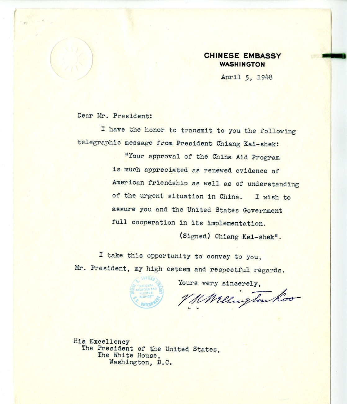 Correspondence Between President Harry S. Truman and Ambassador V. K. Wellington Koo