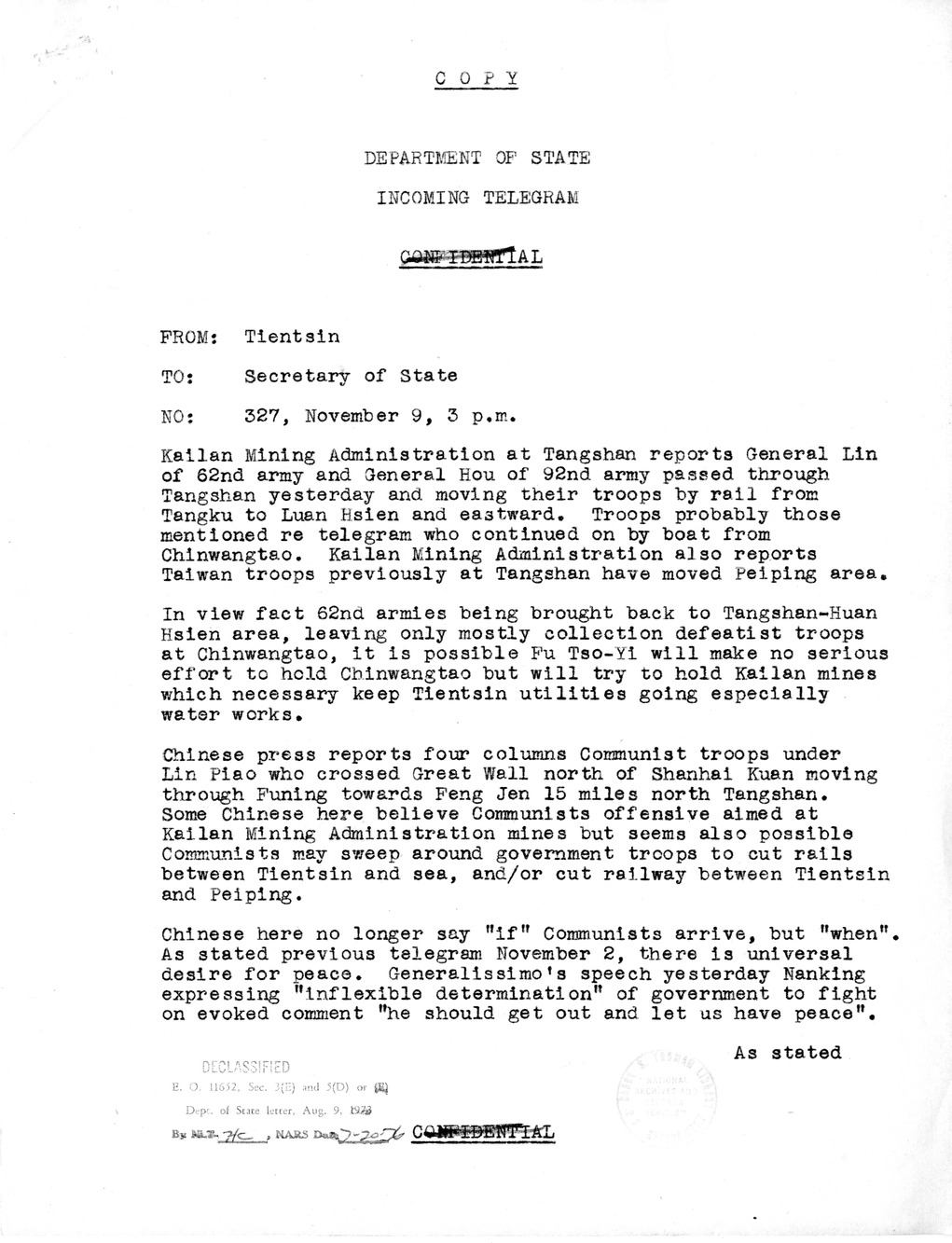 Memorandum from Walton Butterworth for the White House Signal Center, with Attachements