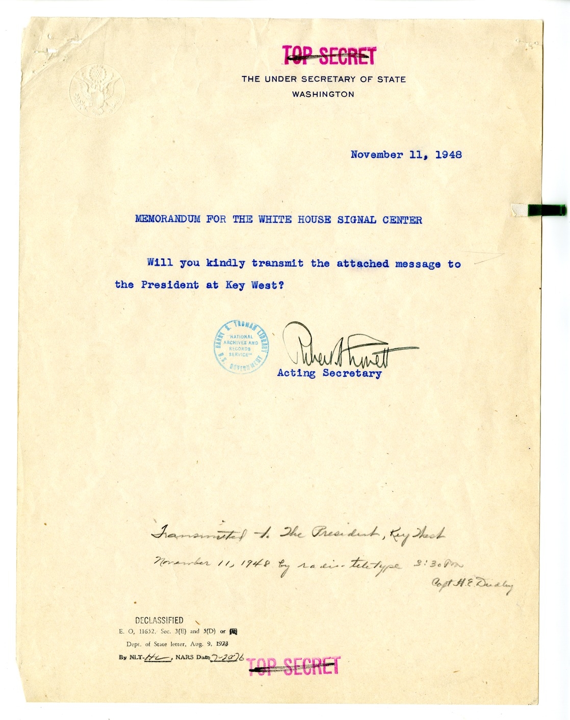 Memorandum from Robert Lovett to the White House Signal Center, with Attachment