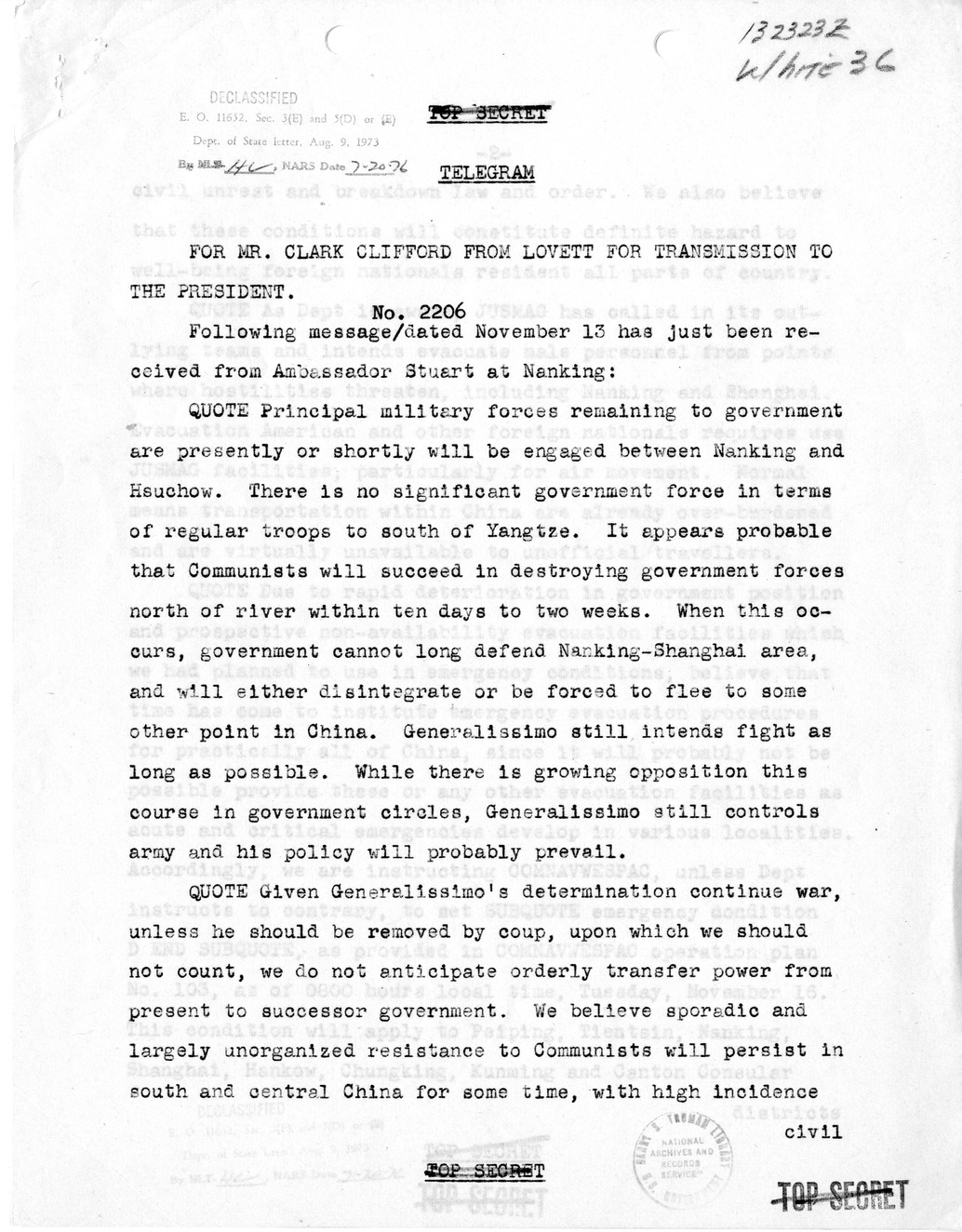 Telegram from Robert Lovett to Clark Clifford for Transmission to the President