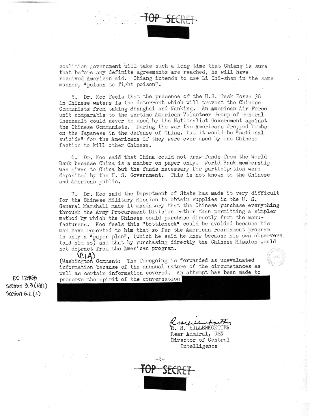Memorandum from R. H. Hillenkoetter, with Attachments and Related Material [Sanitized Copy]