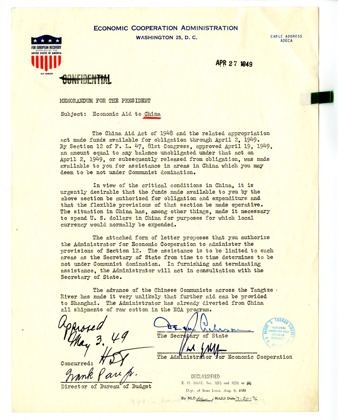 Memorandum from Secretary of State Dean Acheson to President Harry S. Truman, with Attachment