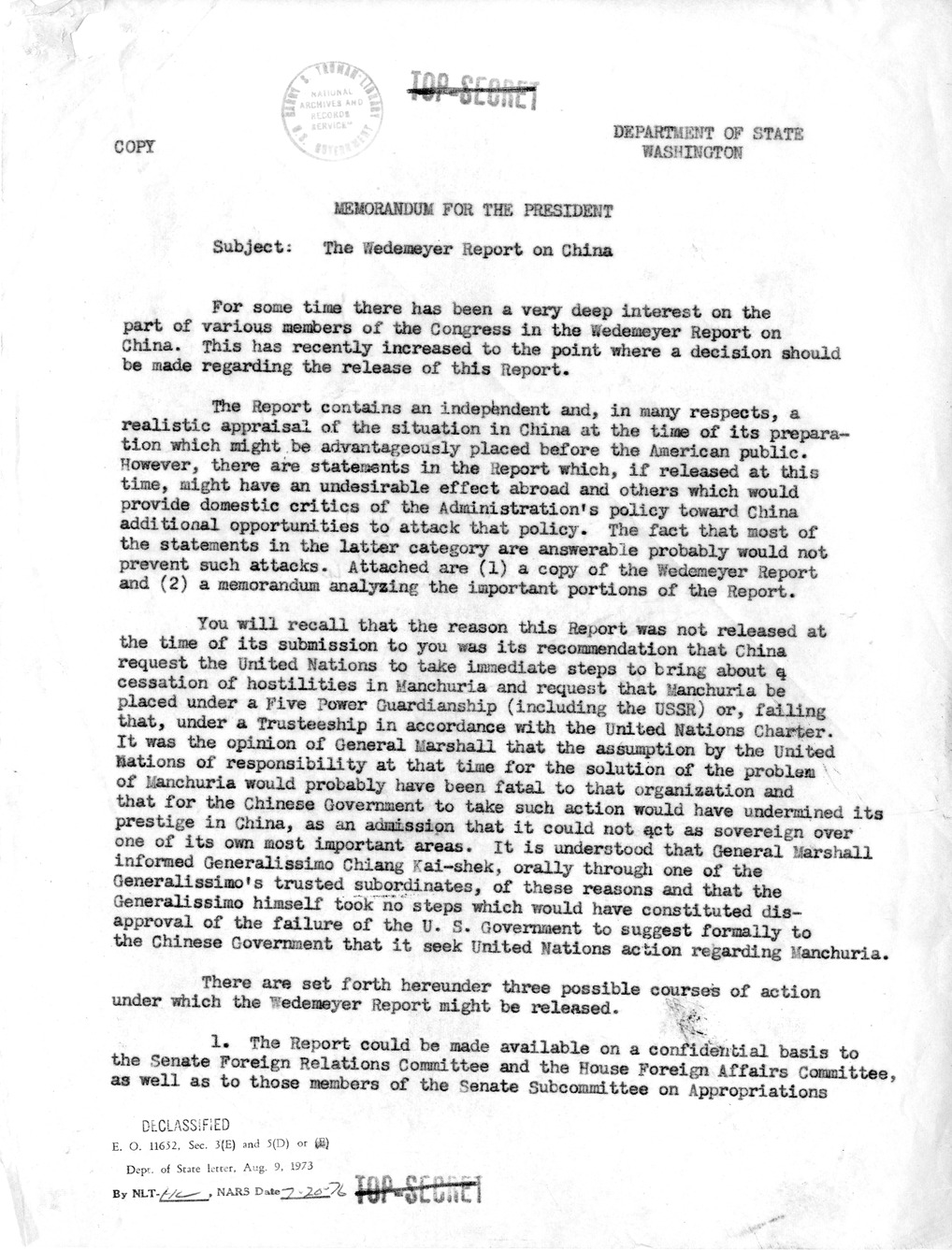 Memorandum from Clark Clifford to Secretary of State Dean Acheson, with Attachment
