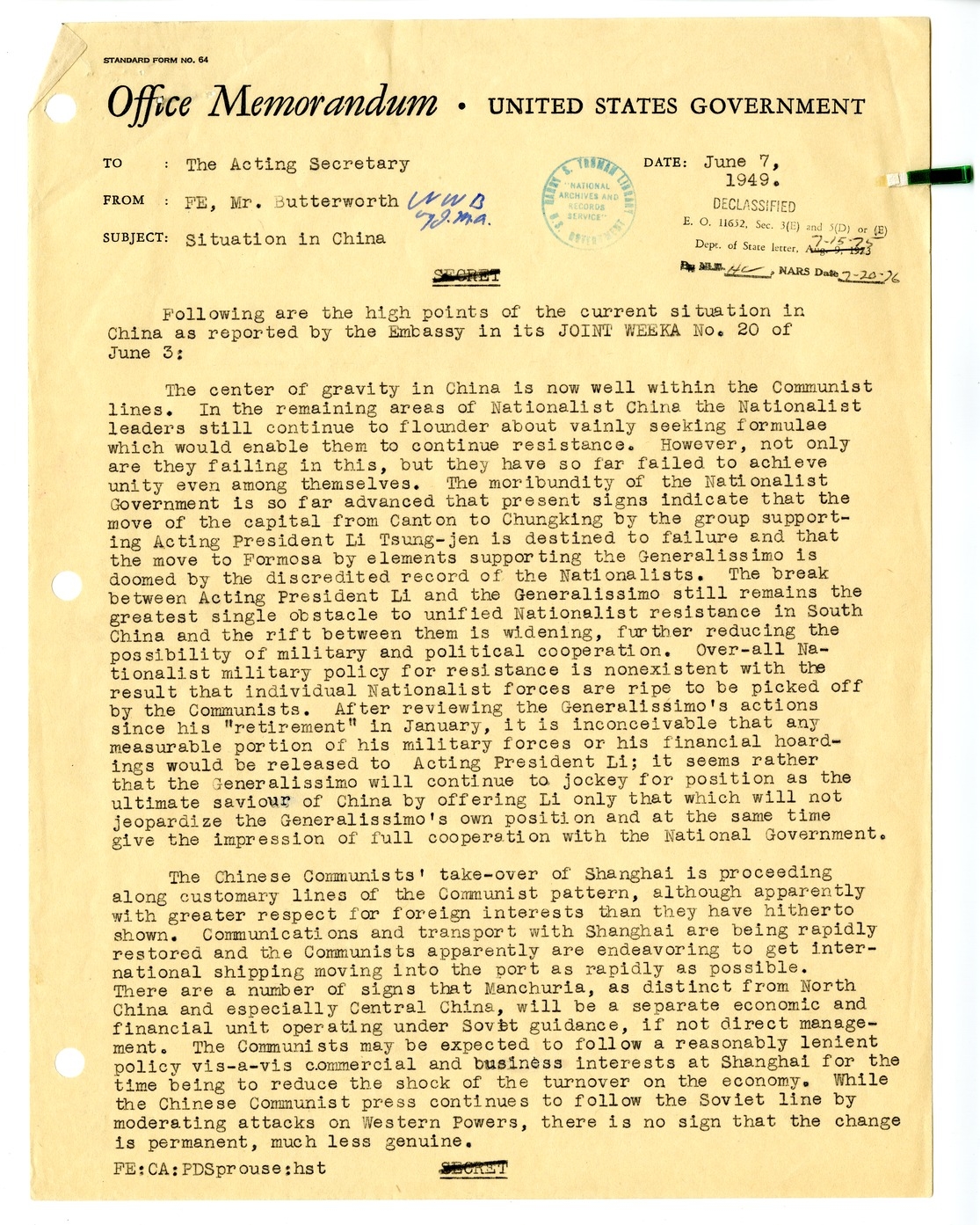 Memorandum from Walton Butterworth to The Acting Secretary of State