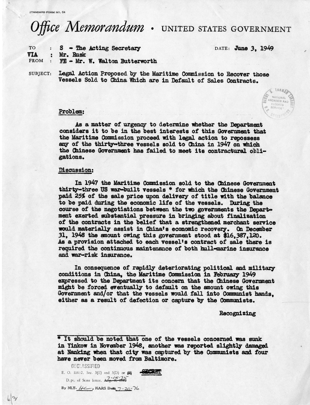 Memorandum from Walton Butterworth to The Acting Secretary of State